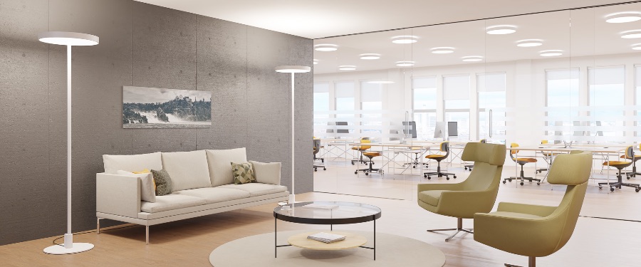 SOLO SLIM Lampadaire de bureau avec de nombreuses fonctionnalités, diffuseur de forme circulaire